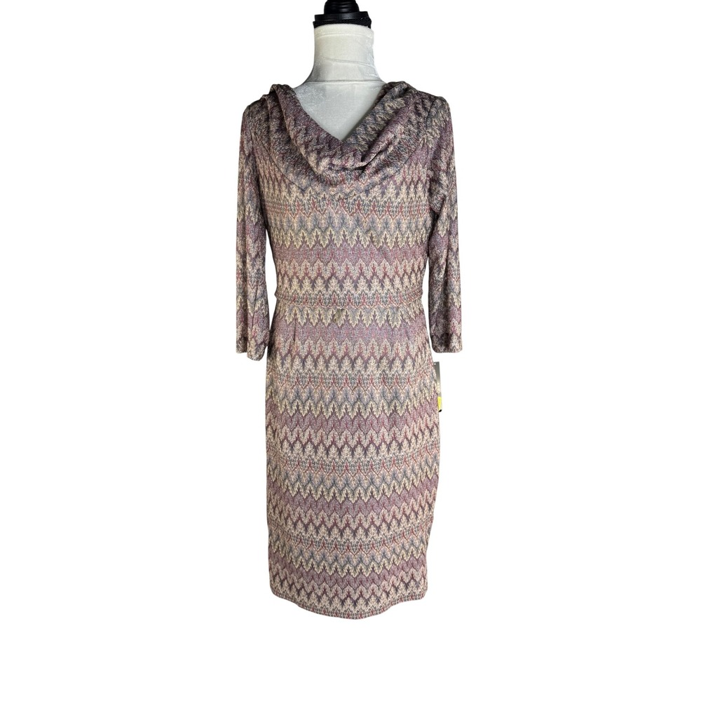 Connected Apparel Cowl Neck Chevron Knit Sheath Dress Burgundy Grey NWT Size 10